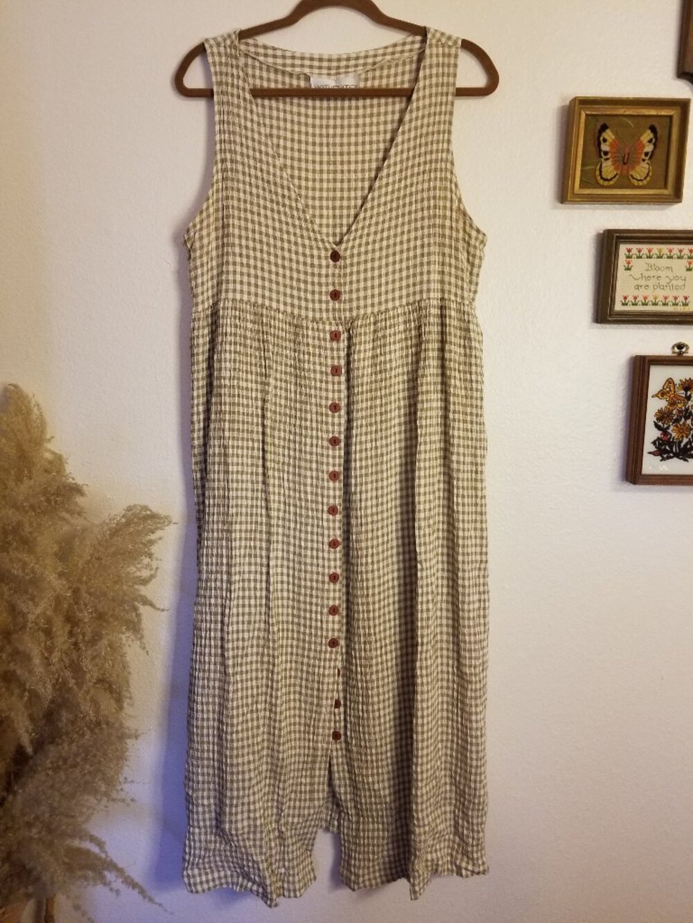 Vintage Light Brown & White Gingham Autumn Button-Front Midi Dress